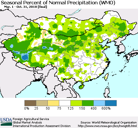 China, Mongolia and Taiwan Seasonal Percent of Normal Precipitation (WMO) Thematic Map For 3/1/2018 - 10/31/2018