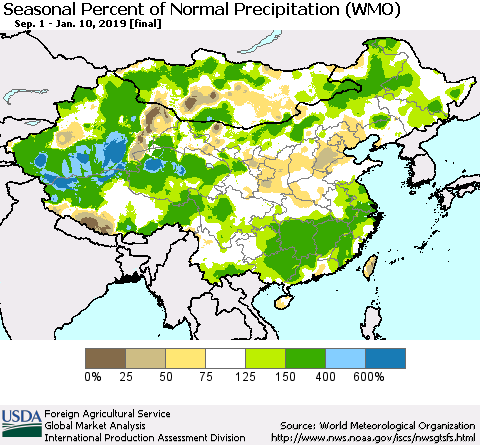 China and Taiwan Seasonal Percent of Normal Precipitation (WMO) Thematic Map For 9/1/2018 - 1/10/2019