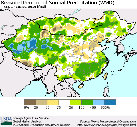 China and Taiwan Seasonal Percent of Normal Precipitation (WMO) Thematic Map For 9/1/2018 - 1/20/2019