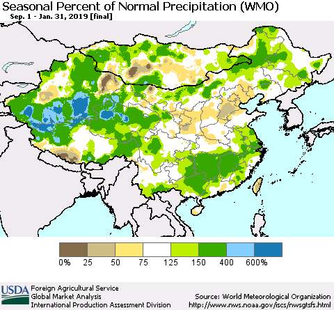 China and Taiwan Seasonal Percent of Normal Precipitation (WMO) Thematic Map For 9/1/2018 - 1/31/2019