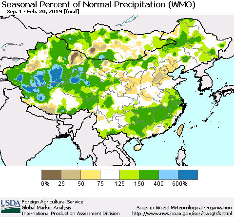 China, Mongolia and Taiwan Seasonal Percent of Normal Precipitation (WMO) Thematic Map For 9/1/2018 - 2/20/2019