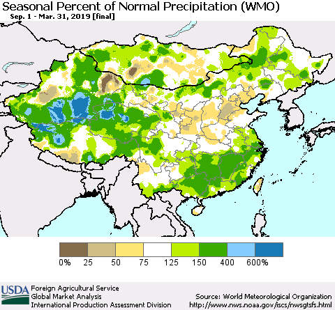China and Taiwan Seasonal Percent of Normal Precipitation (WMO) Thematic Map For 9/1/2018 - 3/31/2019