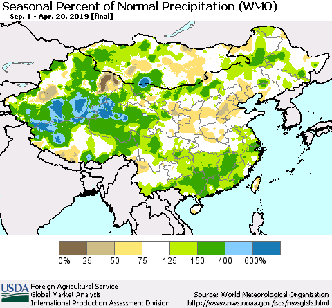 China and Taiwan Seasonal Percent of Normal Precipitation (WMO) Thematic Map For 9/1/2018 - 4/20/2019