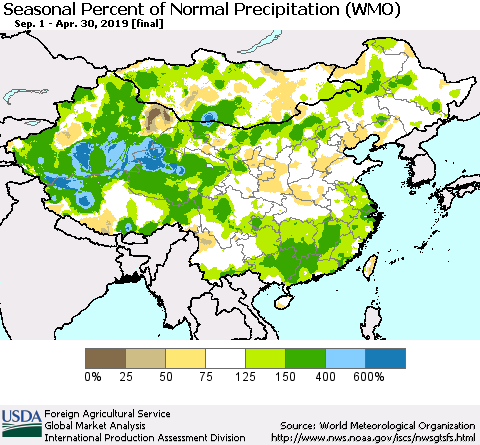 China, Mongolia and Taiwan Seasonal Percent of Normal Precipitation (WMO) Thematic Map For 9/1/2018 - 4/30/2019