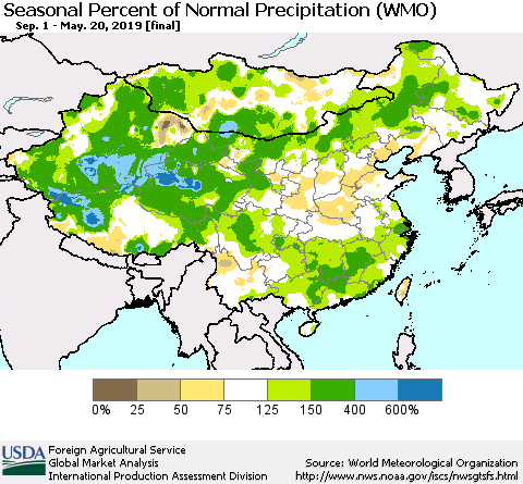 China and Taiwan Seasonal Percent of Normal Precipitation (WMO) Thematic Map For 9/1/2018 - 5/20/2019