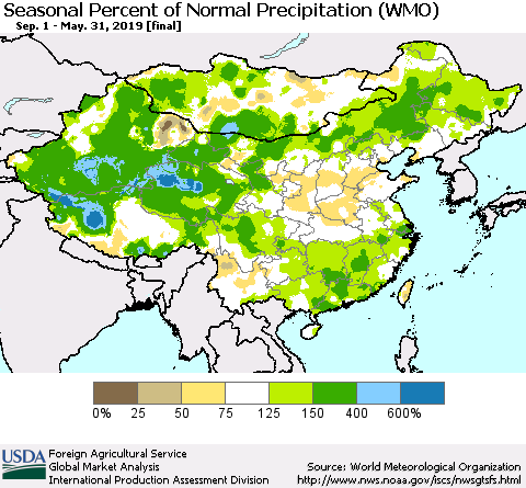 China and Taiwan Seasonal Percent of Normal Precipitation (WMO) Thematic Map For 9/1/2018 - 5/31/2019