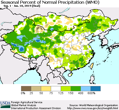 China, Mongolia and Taiwan Seasonal Percent of Normal Precipitation (WMO) Thematic Map For 9/1/2018 - 6/10/2019