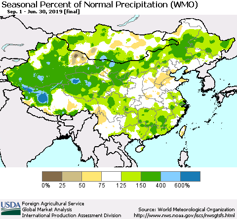 China and Taiwan Seasonal Percent of Normal Precipitation (WMO) Thematic Map For 9/1/2018 - 6/30/2019