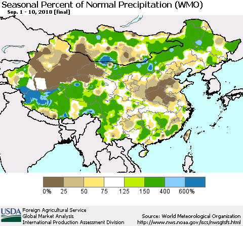 China, Mongolia and Taiwan Seasonal Percent of Normal Precipitation (WMO) Thematic Map For 9/1/2018 - 9/10/2018