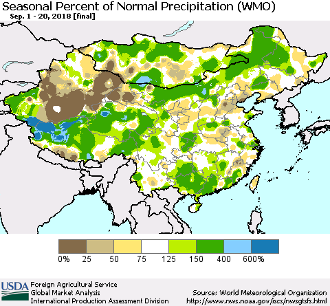 China and Taiwan Seasonal Percent of Normal Precipitation (WMO) Thematic Map For 9/1/2018 - 9/20/2018