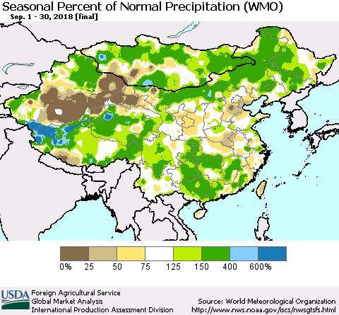 China and Taiwan Seasonal Percent of Normal Precipitation (WMO) Thematic Map For 9/1/2018 - 9/30/2018