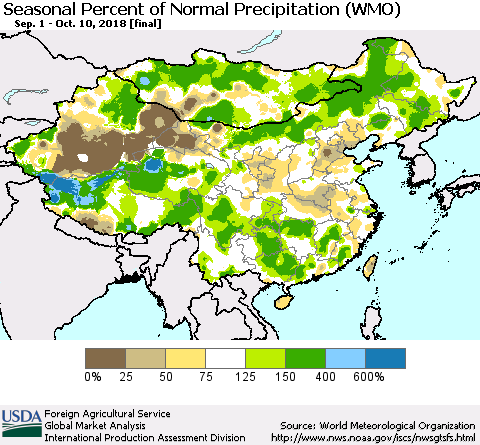 China, Mongolia and Taiwan Seasonal Percent of Normal Precipitation (WMO) Thematic Map For 9/1/2018 - 10/10/2018