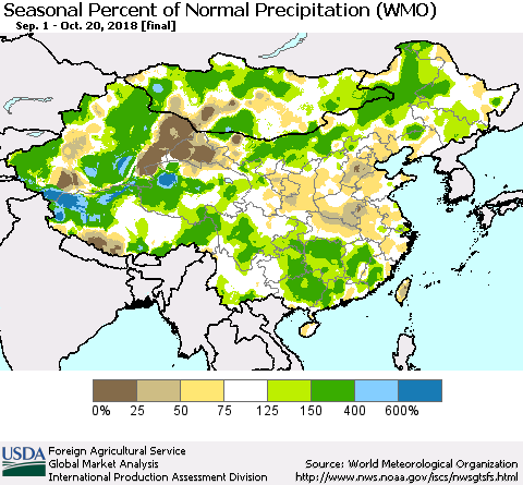 China, Mongolia and Taiwan Seasonal Percent of Normal Precipitation (WMO) Thematic Map For 9/1/2018 - 10/20/2018