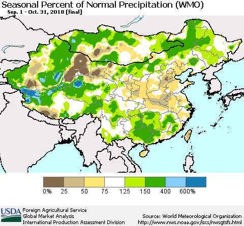 China, Mongolia and Taiwan Seasonal Percent of Normal Precipitation (WMO) Thematic Map For 9/1/2018 - 10/31/2018