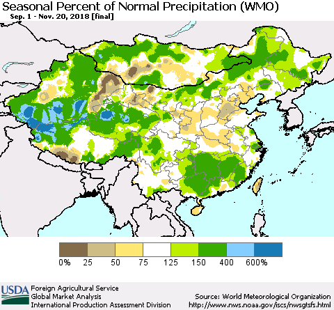 China and Taiwan Seasonal Percent of Normal Precipitation (WMO) Thematic Map For 9/1/2018 - 11/20/2018