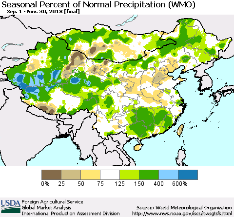 China and Taiwan Seasonal Percent of Normal Precipitation (WMO) Thematic Map For 9/1/2018 - 11/30/2018