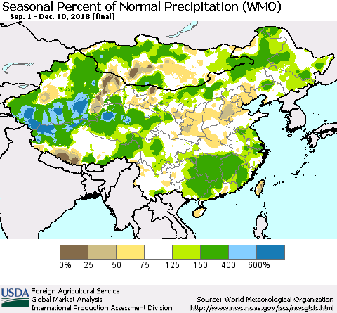 China and Taiwan Seasonal Percent of Normal Precipitation (WMO) Thematic Map For 9/1/2018 - 12/10/2018