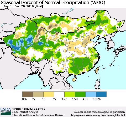 China and Taiwan Seasonal Percent of Normal Precipitation (WMO) Thematic Map For 9/1/2018 - 12/20/2018