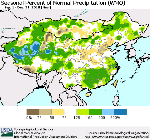 China and Taiwan Seasonal Percent of Normal Precipitation (WMO) Thematic Map For 9/1/2018 - 12/31/2018