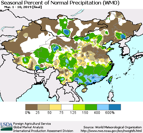 China, Mongolia and Taiwan Seasonal Percent of Normal Precipitation (WMO) Thematic Map For 3/1/2019 - 3/10/2019