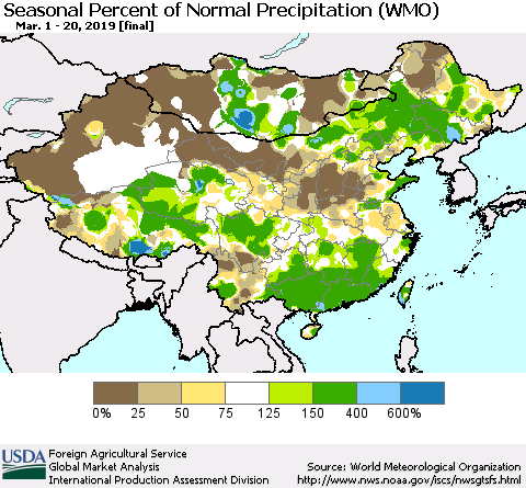 China, Mongolia and Taiwan Seasonal Percent of Normal Precipitation (WMO) Thematic Map For 3/1/2019 - 3/20/2019