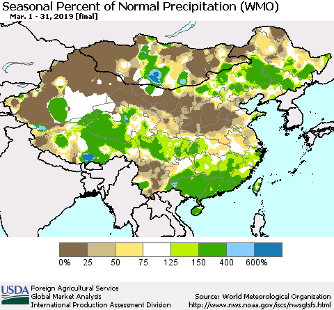 China, Mongolia and Taiwan Seasonal Percent of Normal Precipitation (WMO) Thematic Map For 3/1/2019 - 3/31/2019