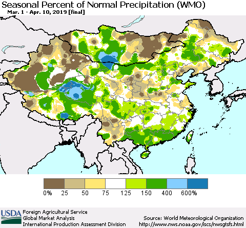 China, Mongolia and Taiwan Seasonal Percent of Normal Precipitation (WMO) Thematic Map For 3/1/2019 - 4/10/2019
