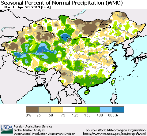 China, Mongolia and Taiwan Seasonal Percent of Normal Precipitation (WMO) Thematic Map For 3/1/2019 - 4/20/2019