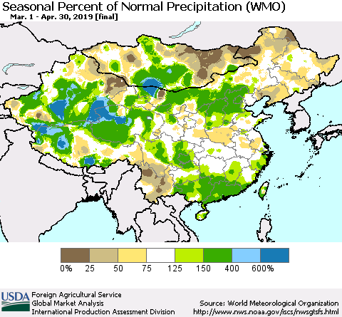 China, Mongolia and Taiwan Seasonal Percent of Normal Precipitation (WMO) Thematic Map For 3/1/2019 - 4/30/2019