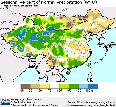 China, Mongolia and Taiwan Seasonal Percent of Normal Precipitation (WMO) Thematic Map For 3/1/2019 - 5/10/2019