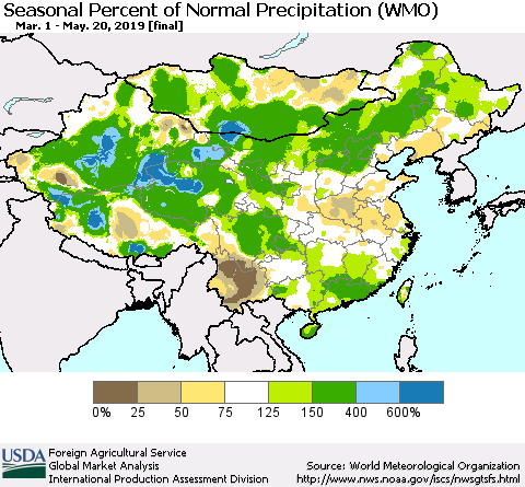 China, Mongolia and Taiwan Seasonal Percent of Normal Precipitation (WMO) Thematic Map For 3/1/2019 - 5/20/2019