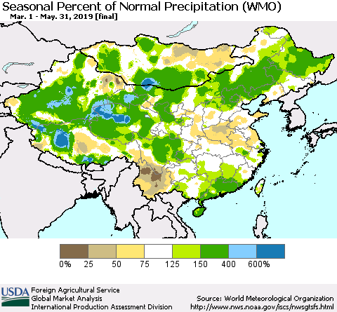 China, Mongolia and Taiwan Seasonal Percent of Normal Precipitation (WMO) Thematic Map For 3/1/2019 - 5/31/2019
