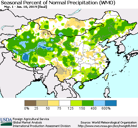 China, Mongolia and Taiwan Seasonal Percent of Normal Precipitation (WMO) Thematic Map For 3/1/2019 - 6/10/2019
