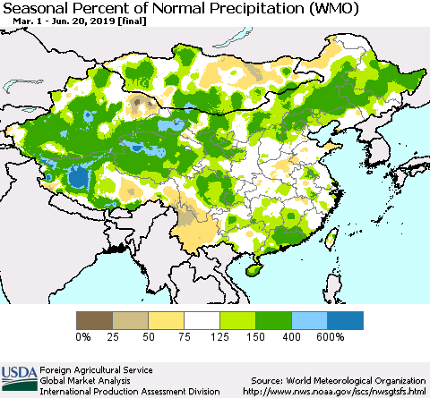 China, Mongolia and Taiwan Seasonal Percent of Normal Precipitation (WMO) Thematic Map For 3/1/2019 - 6/20/2019