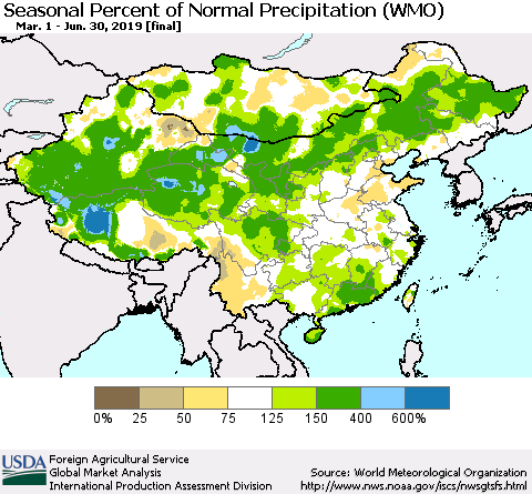 China, Mongolia and Taiwan Seasonal Percent of Normal Precipitation (WMO) Thematic Map For 3/1/2019 - 6/30/2019