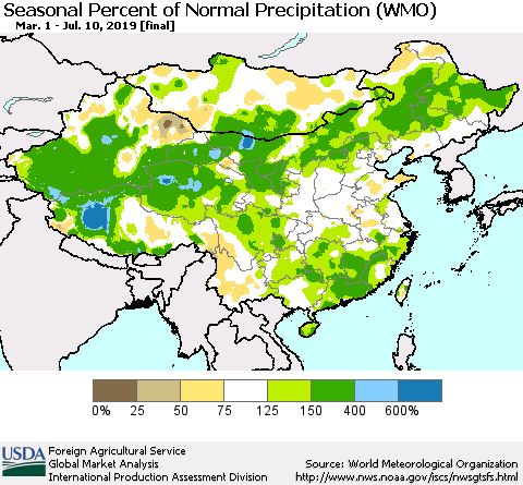 China, Mongolia and Taiwan Seasonal Percent of Normal Precipitation (WMO) Thematic Map For 3/1/2019 - 7/10/2019