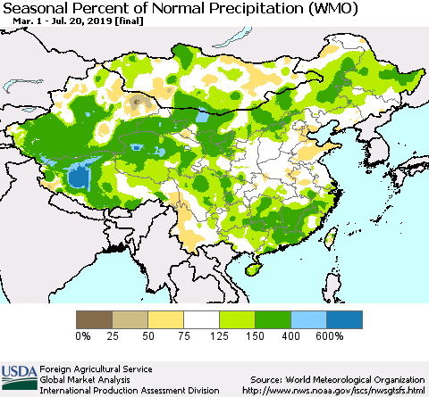 China, Mongolia and Taiwan Seasonal Percent of Normal Precipitation (WMO) Thematic Map For 3/1/2019 - 7/20/2019