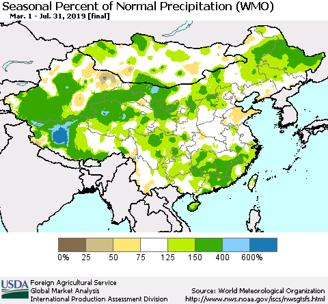 China, Mongolia and Taiwan Seasonal Percent of Normal Precipitation (WMO) Thematic Map For 3/1/2019 - 7/31/2019