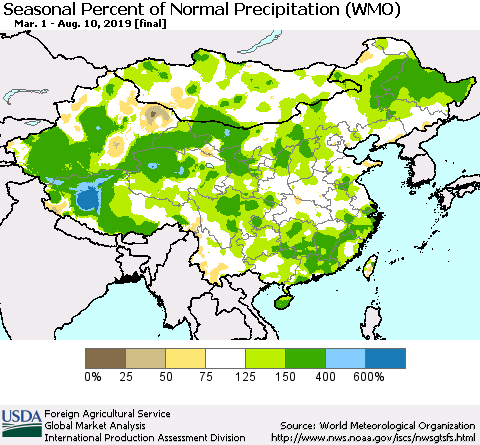 China, Mongolia and Taiwan Seasonal Percent of Normal Precipitation (WMO) Thematic Map For 3/1/2019 - 8/10/2019