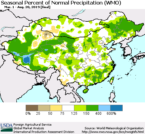 China, Mongolia and Taiwan Seasonal Percent of Normal Precipitation (WMO) Thematic Map For 3/1/2019 - 8/20/2019