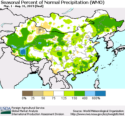 China, Mongolia and Taiwan Seasonal Percent of Normal Precipitation (WMO) Thematic Map For 3/1/2019 - 8/31/2019