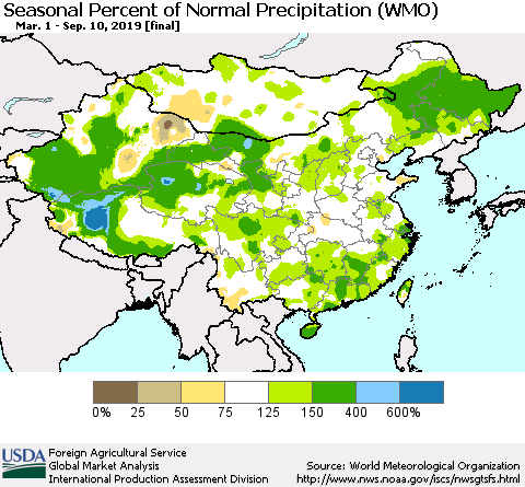 China, Mongolia and Taiwan Seasonal Percent of Normal Precipitation (WMO) Thematic Map For 3/1/2019 - 9/10/2019