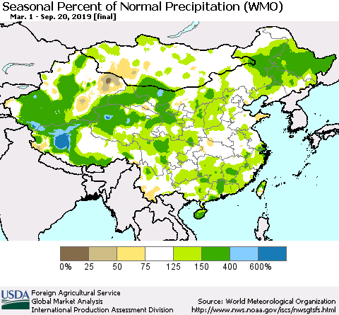 China, Mongolia and Taiwan Seasonal Percent of Normal Precipitation (WMO) Thematic Map For 3/1/2019 - 9/20/2019