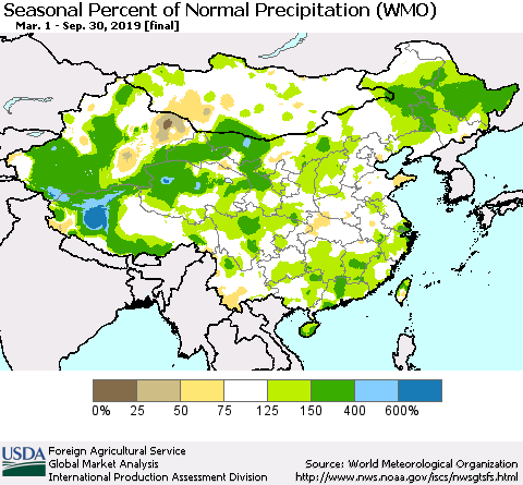 China, Mongolia and Taiwan Seasonal Percent of Normal Precipitation (WMO) Thematic Map For 3/1/2019 - 9/30/2019