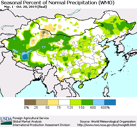 China, Mongolia and Taiwan Seasonal Percent of Normal Precipitation (WMO) Thematic Map For 3/1/2019 - 10/20/2019