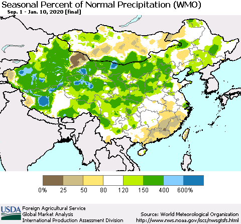 China and Taiwan Seasonal Percent of Normal Precipitation (WMO) Thematic Map For 9/1/2019 - 1/10/2020
