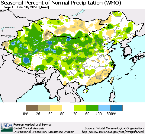 China and Taiwan Seasonal Percent of Normal Precipitation (WMO) Thematic Map For 9/1/2019 - 2/10/2020