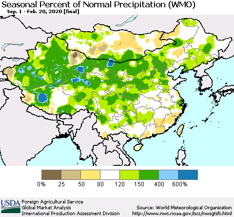 China and Taiwan Seasonal Percent of Normal Precipitation (WMO) Thematic Map For 9/1/2019 - 2/20/2020
