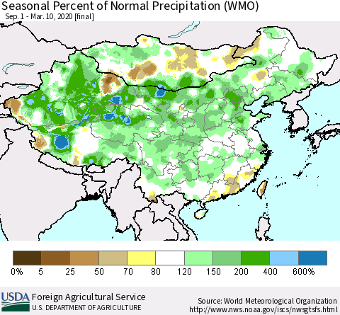 China and Taiwan Seasonal Percent of Normal Precipitation (WMO) Thematic Map For 9/1/2019 - 3/10/2020