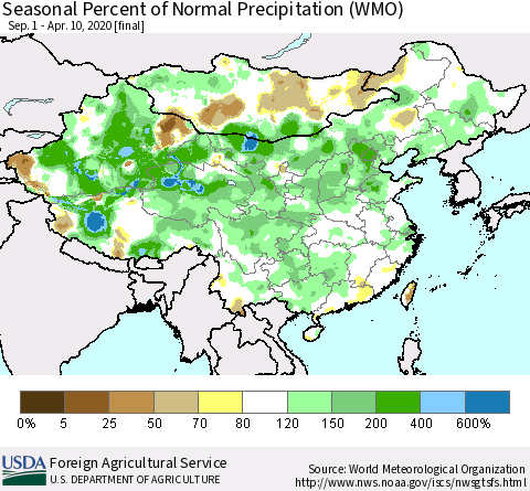 China and Taiwan Seasonal Percent of Normal Precipitation (WMO) Thematic Map For 9/1/2019 - 4/10/2020